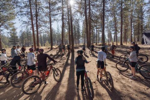 A corporate groups learns how to use their mountain bikes before going for a ride. 